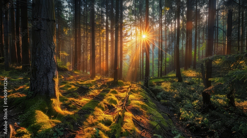 Fototapeta premium A forest with a sun shining through the trees