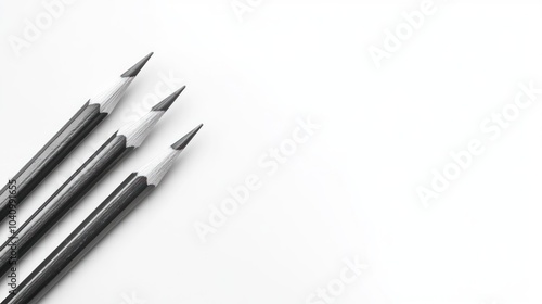 A close-up of four pointed black pencils arranged on a white background.