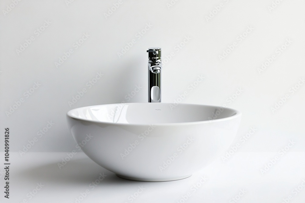 A white ceramic sink with a chrome faucet sits on a white countertop A white ceramic sink with a chrome faucet sits on a white countertop