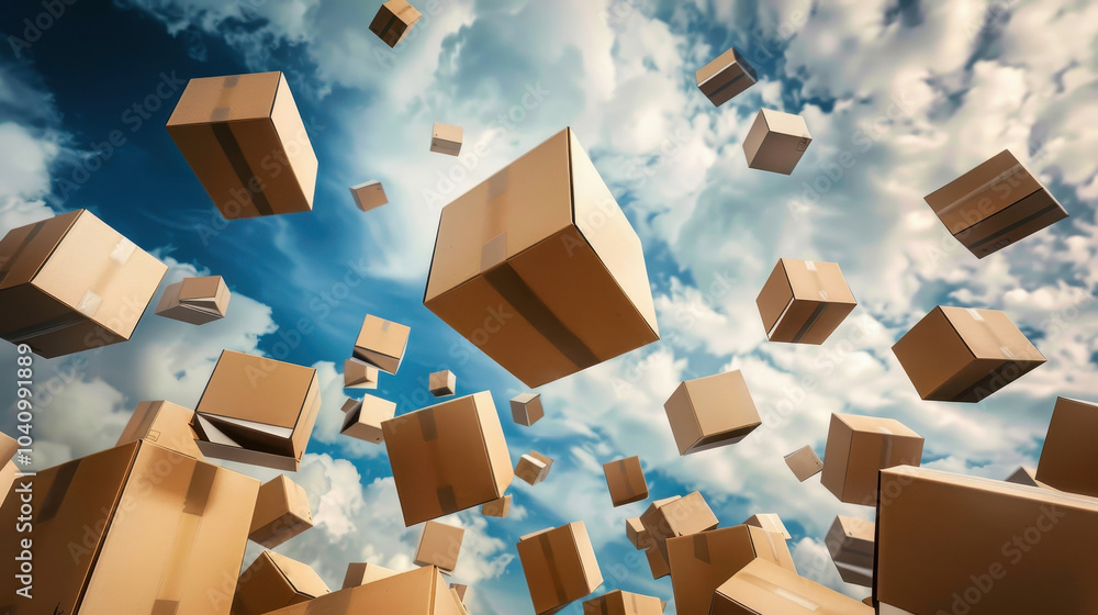 A bunch of cardboard boxes are flying through the air A bunch of cardboard boxes are flying through the air