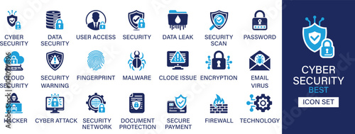Cyber security best solid icon set collection. Data security, user access, data leak, password, security warning, technology, security payment and vector illustration.