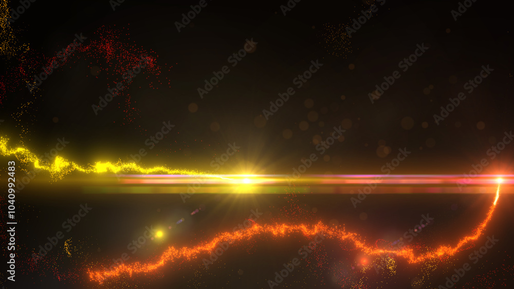 Fototapeta premium Yellow and Orange Wavy Light Lines Crossing Turbulence Particles and Lens Flares, Widescreen 4K Resolution