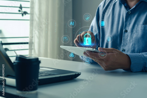 Cyber security and data protection.Business professionals collaborating on cybersecurity using laptop and tablet, with digital icons illustrating secure data protection private data security