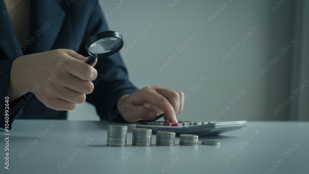 Fototapeta premium Businesswoman examining stacked coins with a magnifying glass while calculating finances, emphasizing financial analysis and precision.