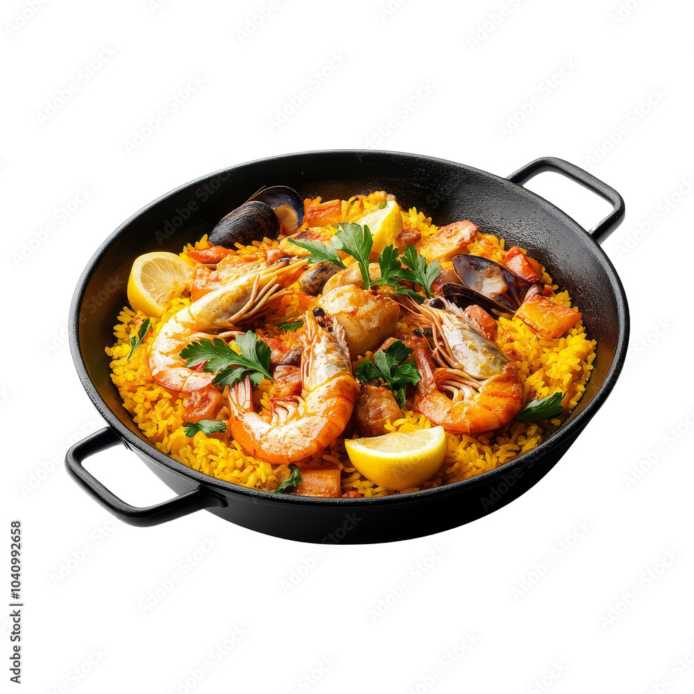 Delicious Seafood Paella in a Black Pan Delicious Seafood Paella in a Black Pan