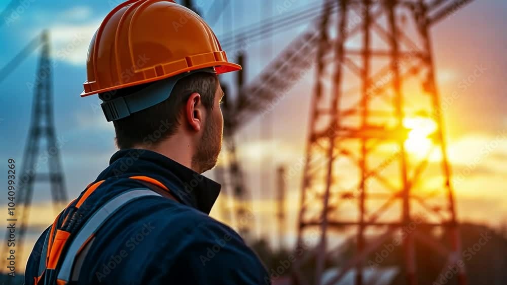 A guy hard-hatted electrical engineer is standing at a high-voltage line.
A guy hard-hatted electrical engineer is standing at a high-voltage line.