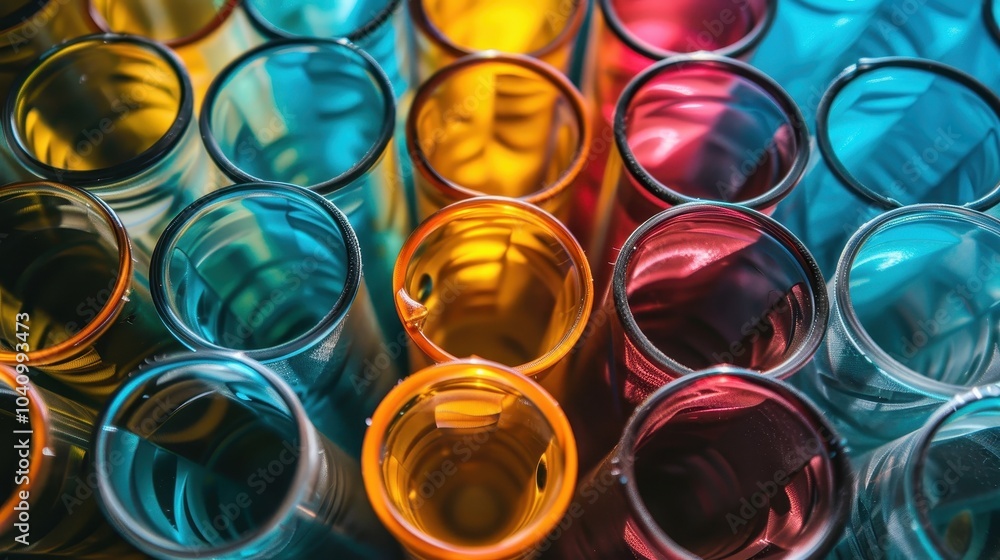 A row of colorful glass beakers with a blue and yellow one in the middle A row of colorful glass beakers with a blue and yellow one in the middle
