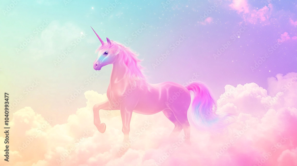 Fototapeta premium A pastel unicorn prances gracefully among fluffy clouds during a serene twilight