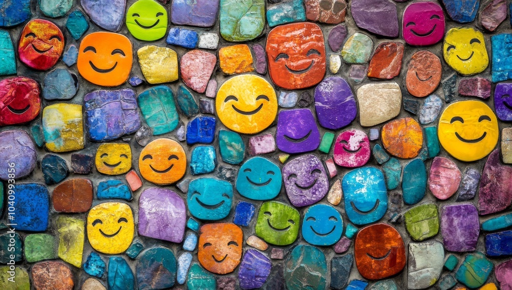 Colorful mosaic wall with smiley faces. Colorful mosaic wall with smiley faces.