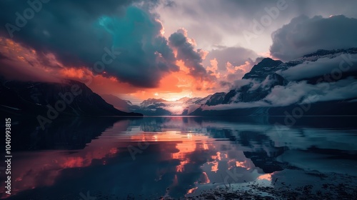 A beautiful sunset over a lake with mountains in the background