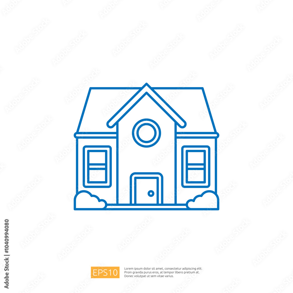 A simple, outlined illustration of a house with a circular window and shrubs, suitable for graphic design or educational purposes. A simple, outlined illustration of a house with a circular window and shrubs, suitable for graphic design or educational purposes.