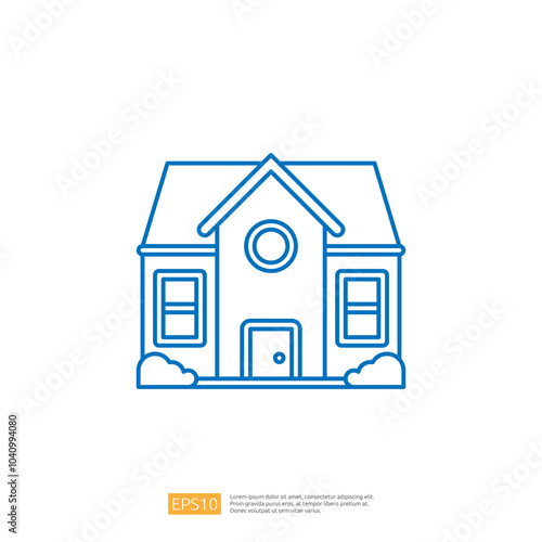 A simple, outlined illustration of a house with a circular window and shrubs, suitable for graphic design or educational purposes.