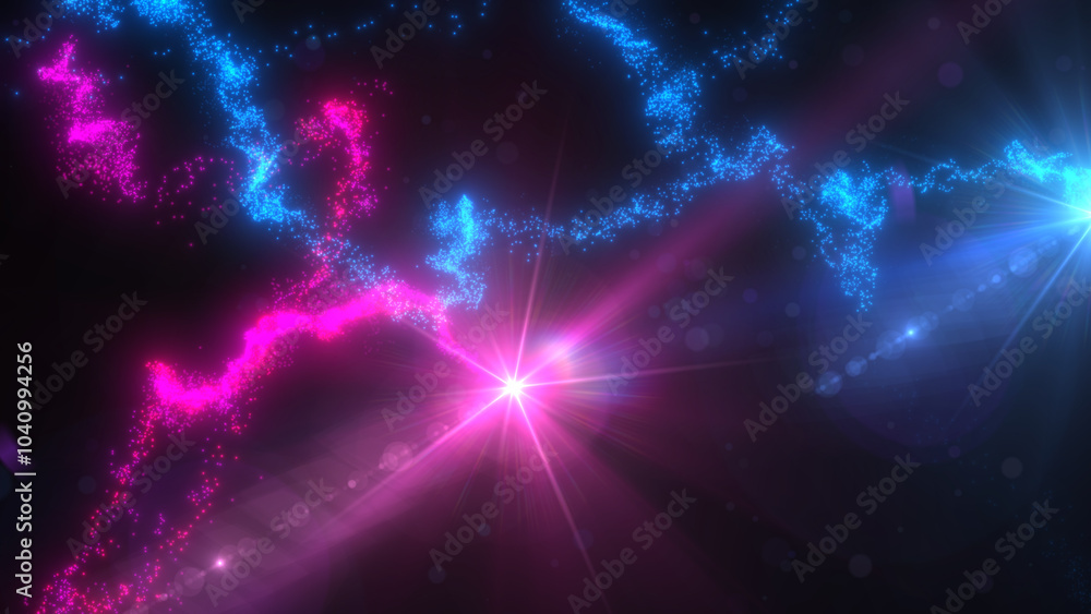 Fototapeta premium Blue and Pink Wavy Light Lines Crossing Turbulence Particles and Lens Flares, Widescreen 4K Resolution