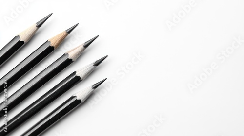 A collection of sharpened pencils arranged in a row on a white background.