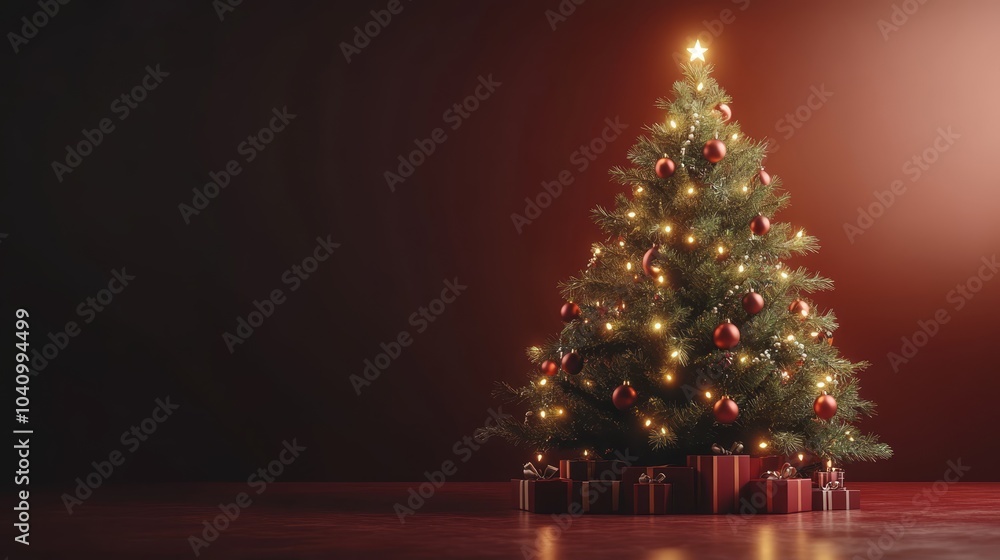 Glimmering christmas tree adorned with ornaments and gifts, embracing the festive spirit of the holidays Glimmering christmas tree adorned with ornaments and gifts, embracing the festive spirit of the holidays