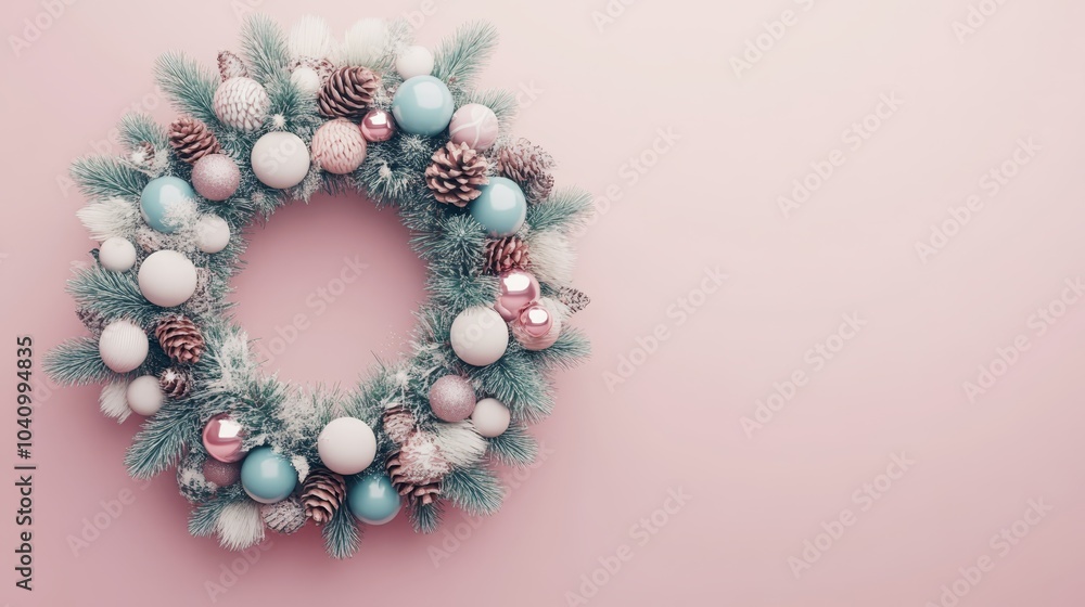 Elegant christmas wreath on a cheerful pink background, festive holiday decoration Elegant christmas wreath on a cheerful pink background, festive holiday decoration