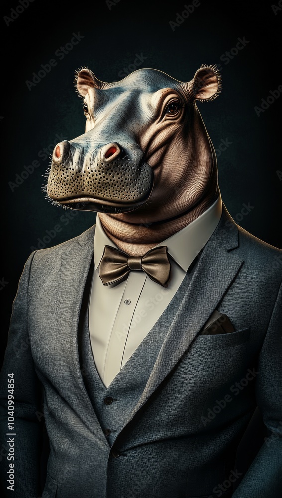The powerful businessman persona of a hippo showcases unique style and elegance. The powerful businessman persona of a hippo showcases unique style and elegance.