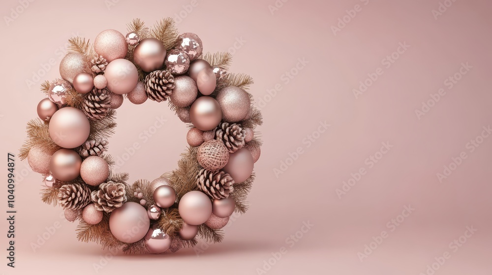 Elegant pink christmas wreath with gold ornaments and natural pine cones for festive holiday decor Elegant pink christmas wreath with gold ornaments and natural pine cones for festive holiday decor