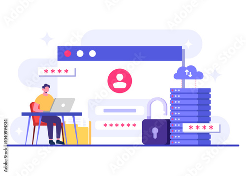 Database protection, Cyber security, Data Center, File management, cloud storage, Privacy data protection flat illustration for landing page, mobile app, poster, flyer, web banner, infographic