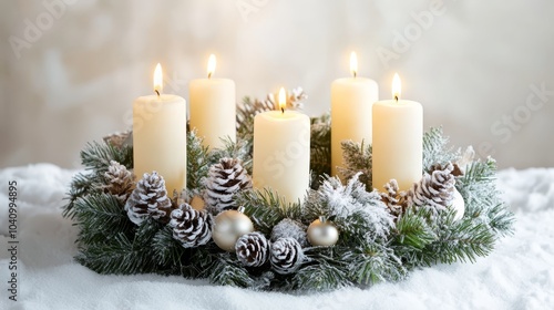 Festive glow, christmas candles and pine cones adorned with sparkling snow photo