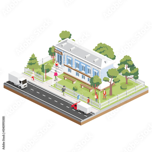 Isometric hotel in classical style with columns. Small hotel building facade. Online hotel booking. White fence with trees and benches. People walking around.