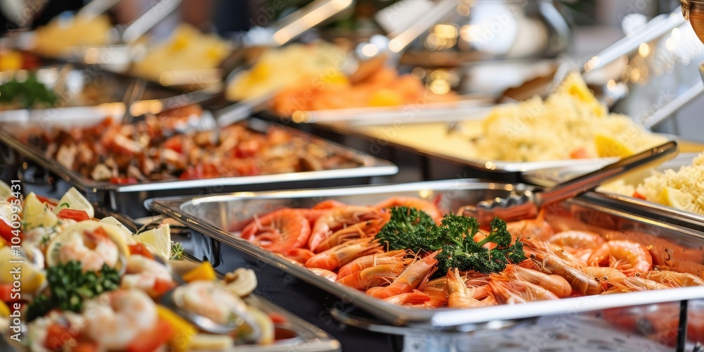 Obraz premium A buffet table with a variety of food, including shrimp, potatoes