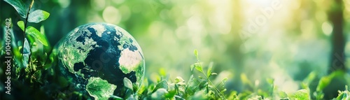 Green earth globe in lush green grass, a symbol of environmentalism and sustainability photo