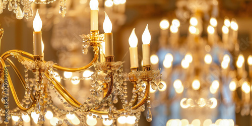 A chandelier with many lights hanging from it