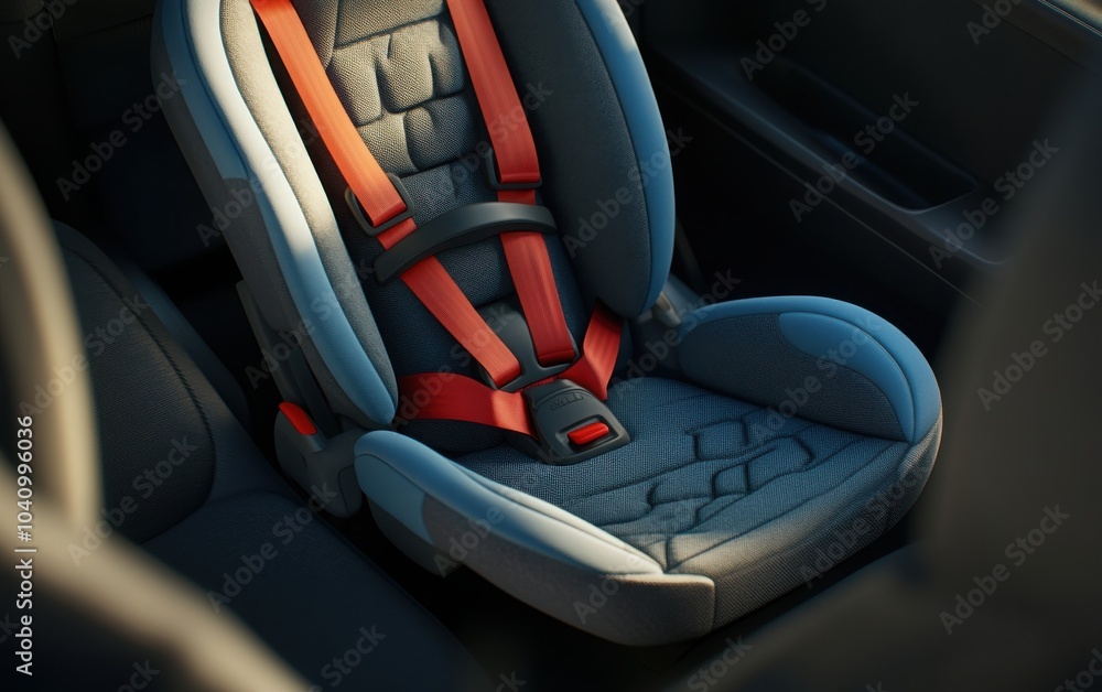 A detailed shot of an empty baby safety seat positioned in a car, emphasizing the safety straps and cushioning A detailed shot of an empty baby safety seat positioned in a car, emphasizing the safety straps and cushioning