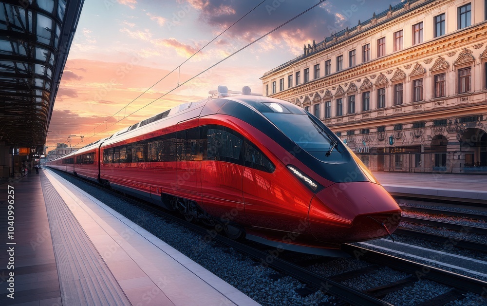 Naklejka premium A picturesque scene of a modern red high-speed train on the railway platform at sunset in Vienna, highlighting the dynamic design of the train and the surrounding buildings