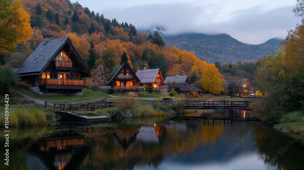 Fototapeta premium Riverside village with cottages and wooden bridges, surrounded by gentle hills, calm water reflecting the landscape