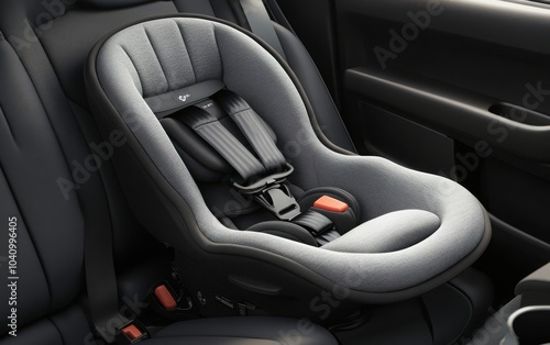 An image of an empty child safety seat in a car, highlighting its protective features and comfortable design