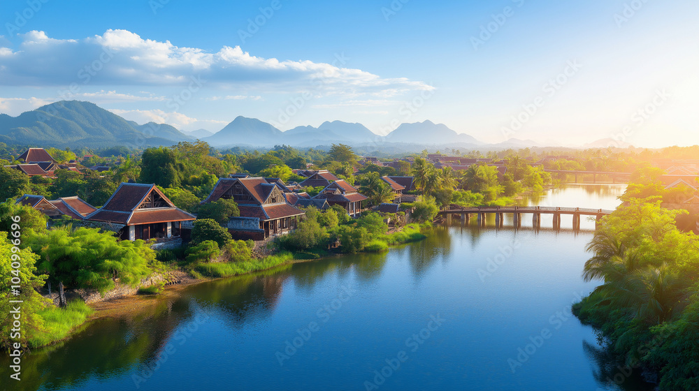 Village on a riverbank with small bridges connecting homes, calm river reflecting the bright blue sky, green trees around Village on a riverbank with small bridges connecting homes, calm river reflecting the bright blue sky, green trees around