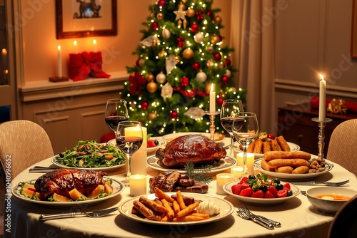 Festive Christmas dinner table with holiday food and decorations, generative AI 