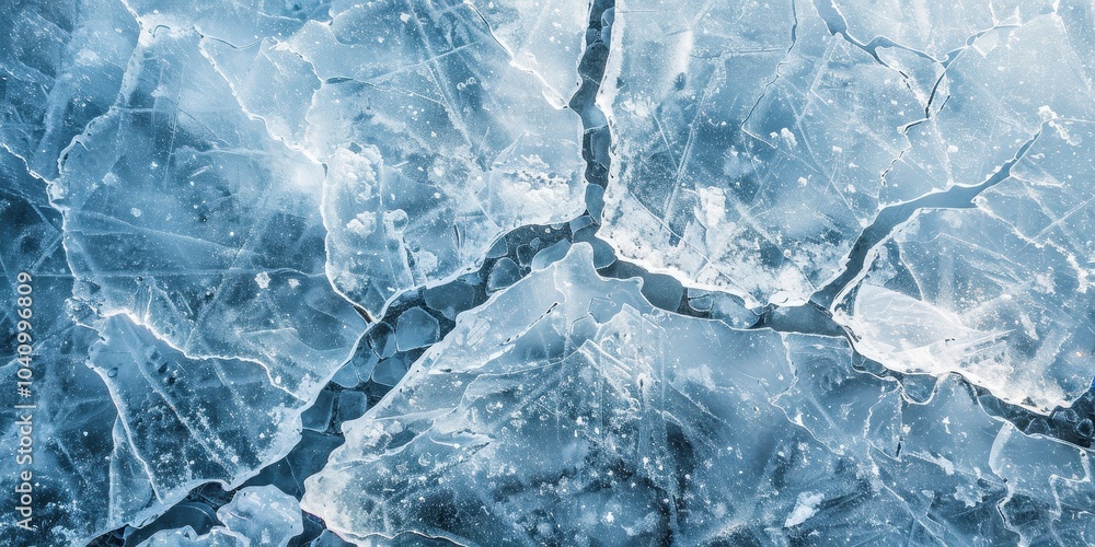 A blue and white ice surface with cracks and holes A blue and white ice surface with cracks and holes