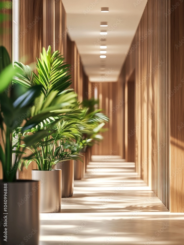 Long hallway with potted plants