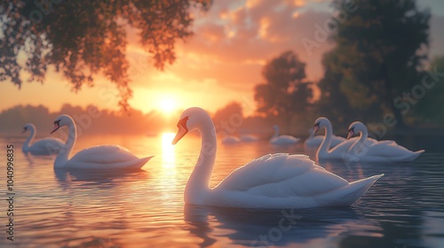 A flock of white swans swim gracefully on a serene lake at sunrise, with a vibrant orange sky and lush green trees in the background. photo