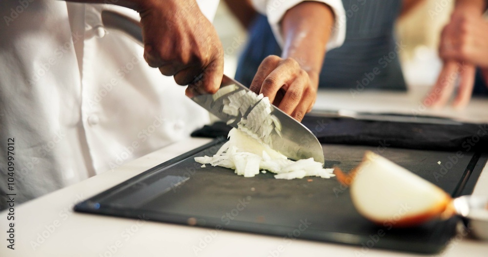 Fototapeta premium Chef, person and hands with knife for onion, cutting and preparation with cooking for dish. Restaurant, culinary service and cook with skills for catering, small business and hospitality by closeup
