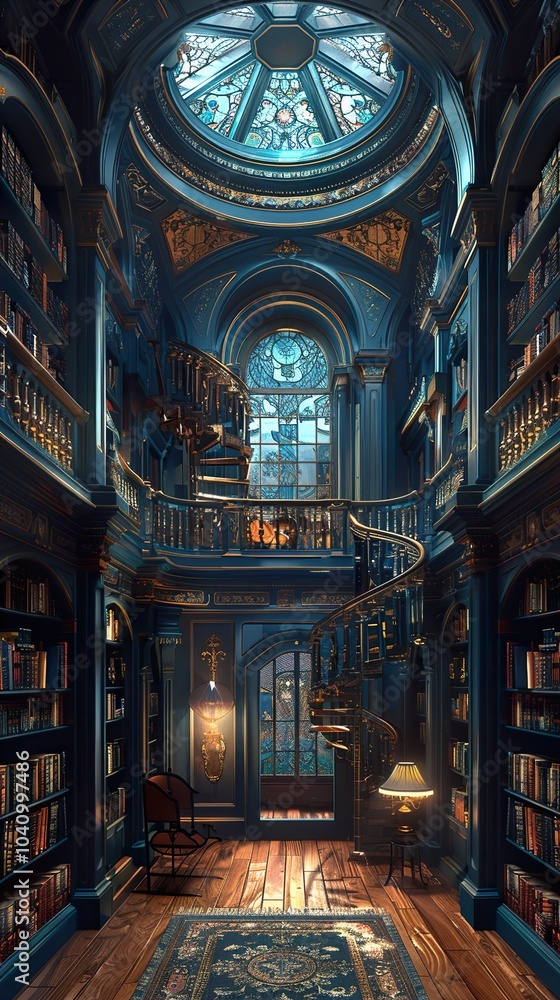 Fototapeta premium Grand Library Interior with Spiral Staircase and Stained Glass