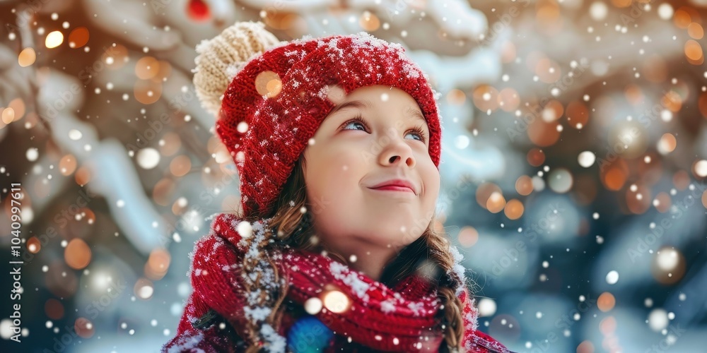 A young girl wearing a red hat and scarf is standing in the snow A young girl wearing a red hat and scarf is standing in the snow