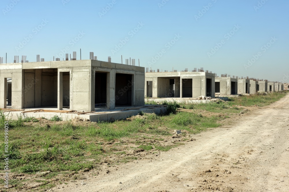 A row of unfinished concrete houses under construction in a field. A row of unfinished concrete houses under construction in a field.