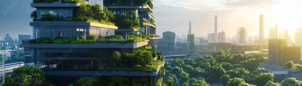 Fototapeta premium Sustainable urban architecture, modern skyscraper with lush green roof modern
