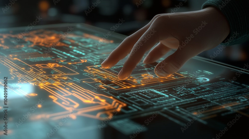 A coder's hand on a glass-topped desk, with 3D circuits and digital patterns appearing just beneath the surface. A coder's hand on a glass-topped desk, with 3D circuits and digital patterns appearing just beneath the surface.