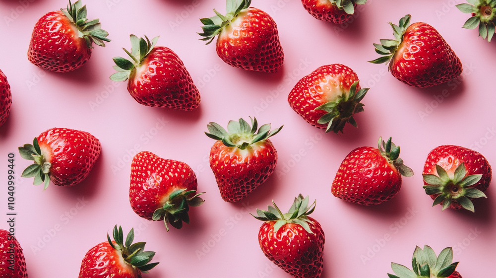 Fresh strawberries arranged artistically on a soft pink background in a vibrant display Fresh strawberries arranged artistically on a soft pink background in a vibrant display