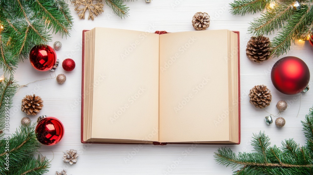 Open empty book on Christmas background Open empty book on Christmas background