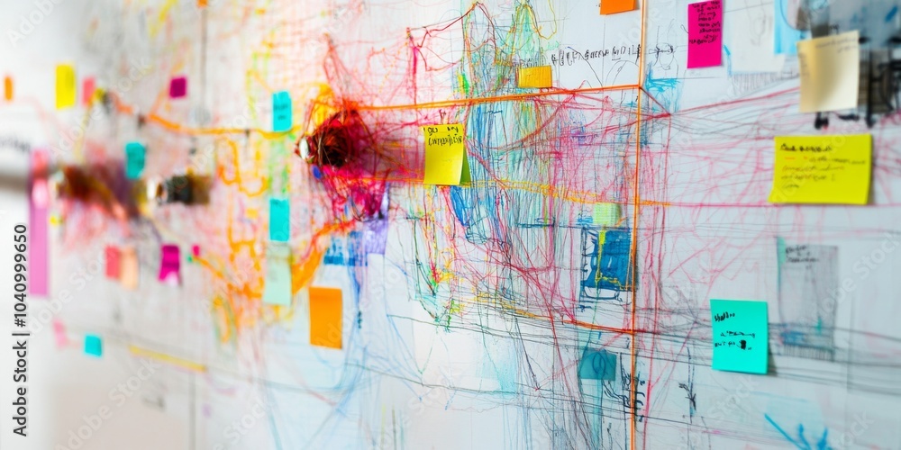 Fototapeta premium Vibrant sticky notes cluster around an innovative string map.