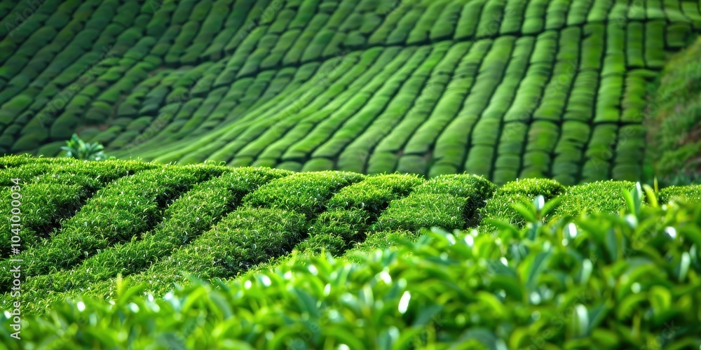 A lush green hillside with rows of tea plants A lush green hillside with rows of tea plants