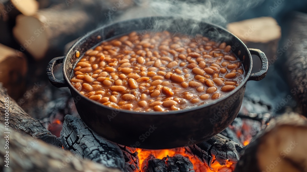 Rustic campfire beans simmering in a pot over an open fire, surrounded by logs, with inviting steam creating a warm, cozy atmosphere Rustic campfire beans simmering in a pot over an open fire, surrounded by logs, with inviting steam creating a warm, cozy atmosphere
