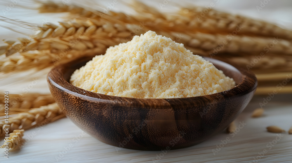 Wheat Flour in a Wooden Bowl with an Ear of Wheat on a Rustic Table, Symbolizing Traditional Baking Ingredients and the Connection to Agriculture and Natural Foods.
Wheat Flour in a Wooden Bowl with an Ear of Wheat on a Rustic Table, Symbolizing Traditional Baking Ingredients and the Connection to Agriculture and Natural Foods.