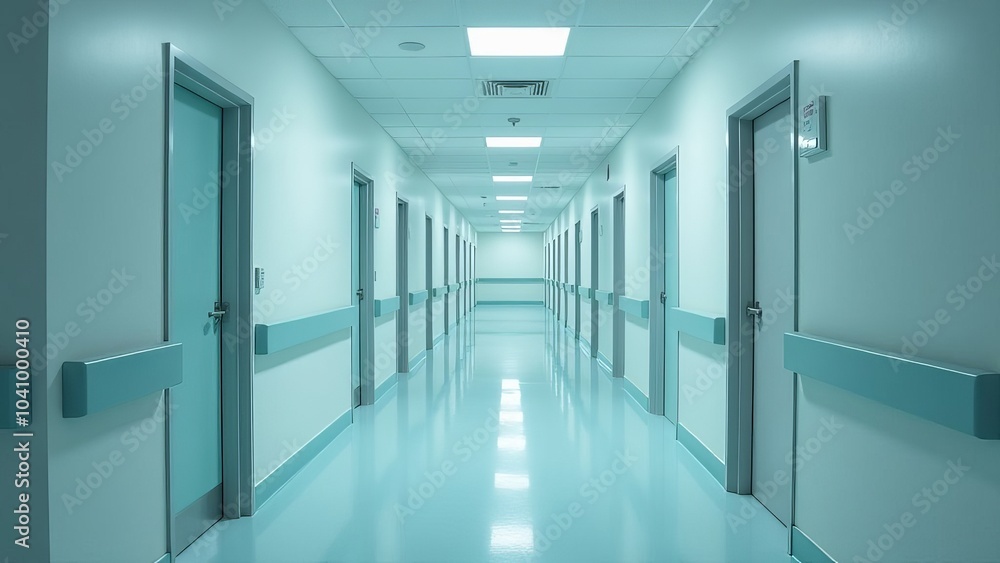 A long hallway with blue walls and white floors A long hallway with blue walls and white floors